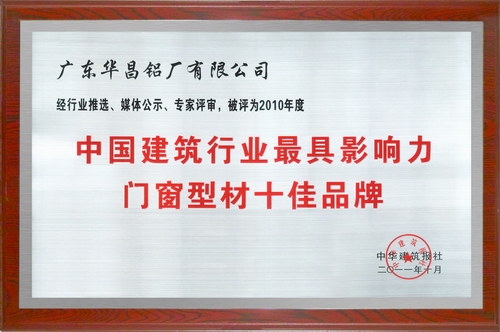 我公司荣获“中国建筑行业最具影响力门窗型材十佳品牌”称号